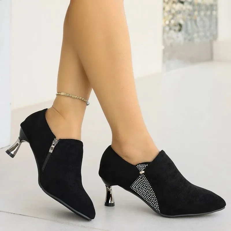 

Hot Selling 2026 Spring/AutumnNew Flock Mid Heels Woman Rhinestone Shoes,Fashion Women Pumps,Pointed Toe,Side Zip,Black,Dropship