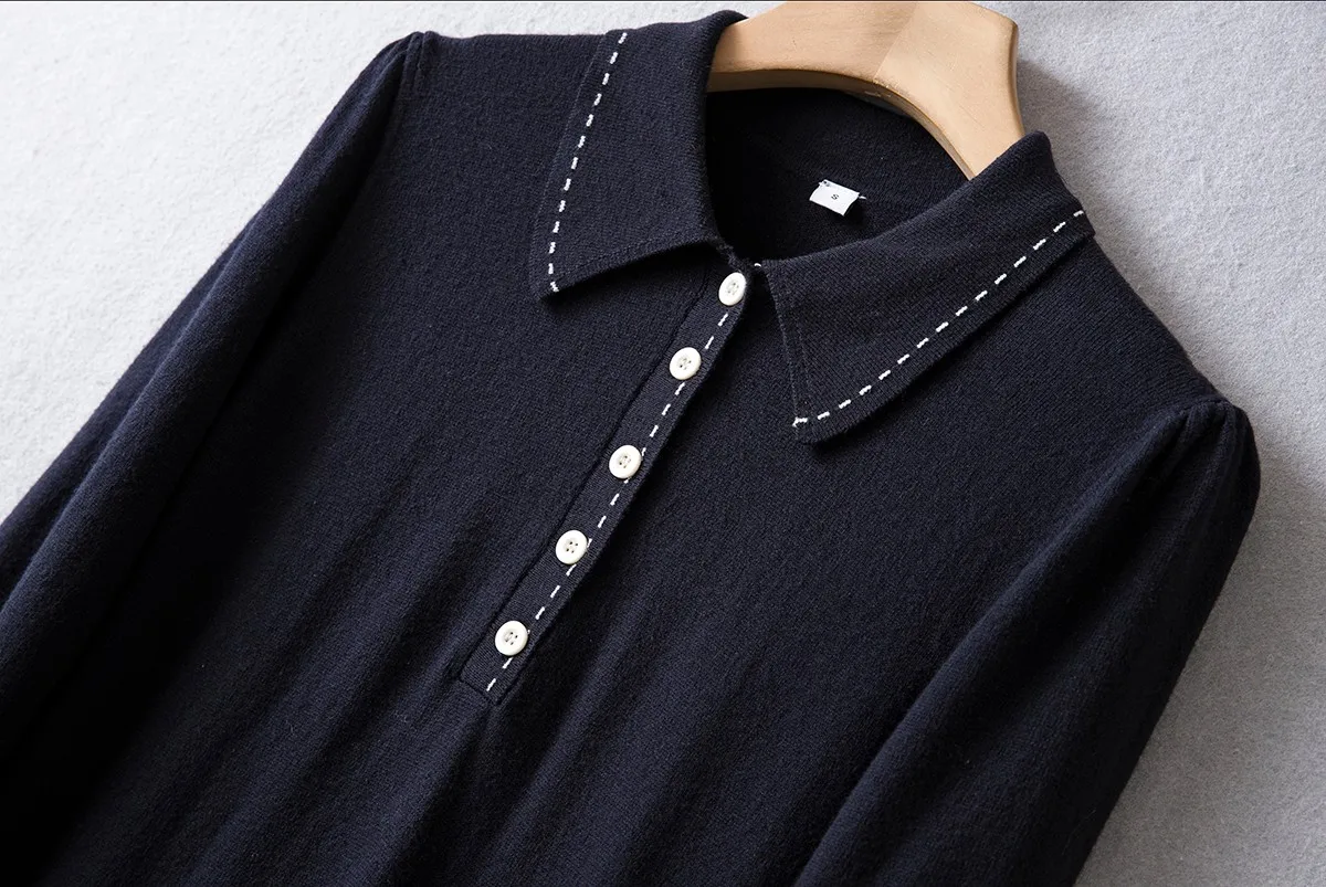 UK Fashion New Spring Navy BLue Polo maniche lavorate a maglia in lana abito Midi XS S M L XL