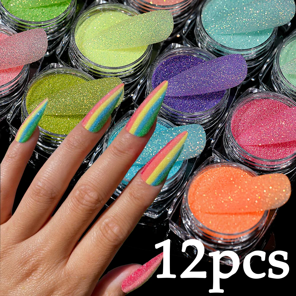 12pcs/set Rainbow Sugar Sand Nail Glitter Powder Sparkling Holographic Candy Coat Nail Art Pigment Fine Manicure Dust Accessorie