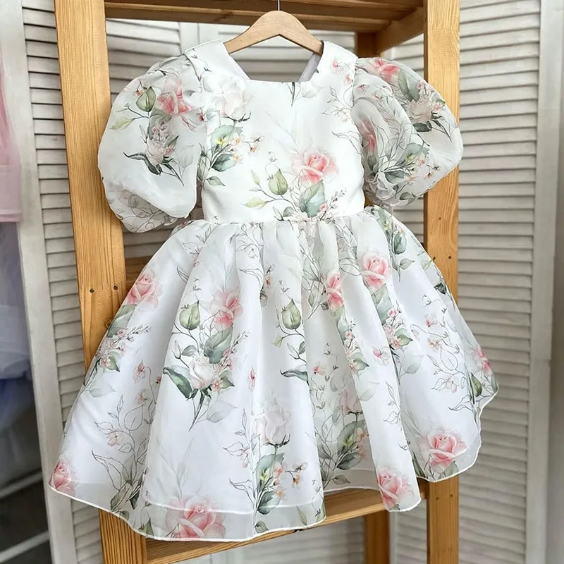 

Fashion Flower Printed Girls Birthday Party Princess Ball Gown Children Cute Host Piano Performance Dress y1799