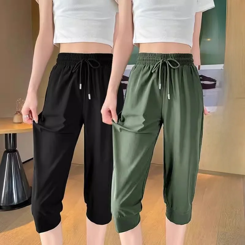 Ice Silk Elastic Waist Seven-Five Sports Quick-Drying Pants Women Summer Loose Casual High Waist Mom Harlan Pants