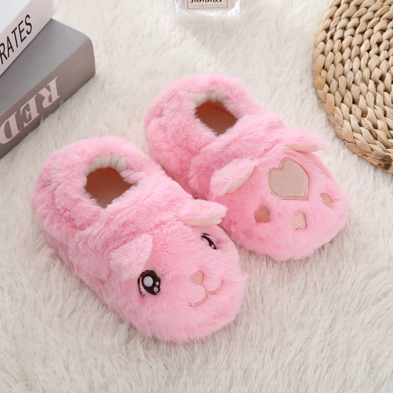 Fashion Toddler Girl Slippers for Winter Baby Loafers Plush Warm Cartoon Cat Paw Rubber Sole Children Home Shoes Indoor Footwear