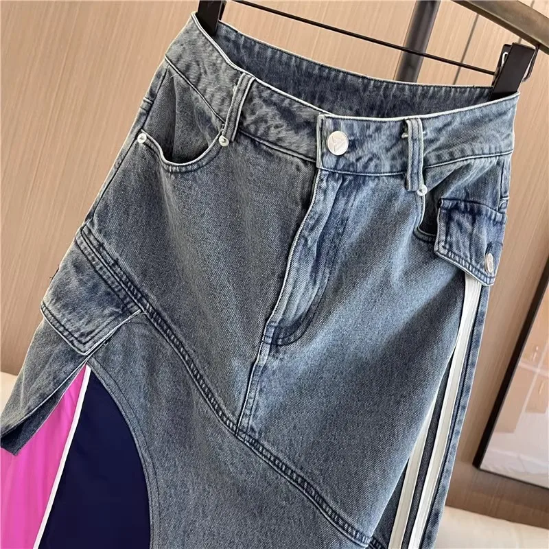 2024 American Spice Girl High Waist Denim Skirt Women's Summer European Casual Contrast Color Stitching A-Line Mid-Length Dress