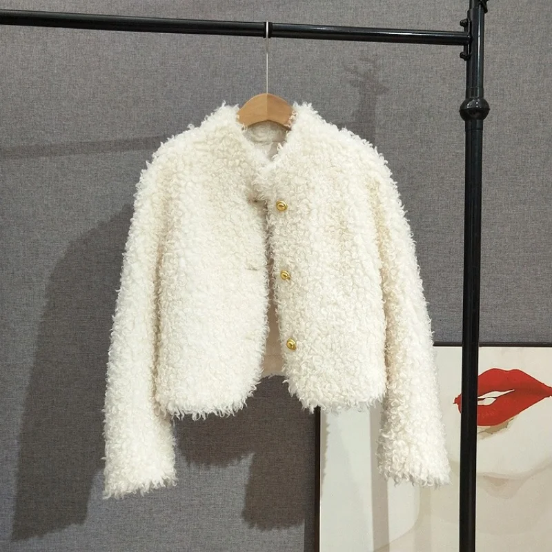 Women's Short Stand Collar Real Wool Fur Jacket Lady Girl Sheep Shearling Warm Winter Coat JT534