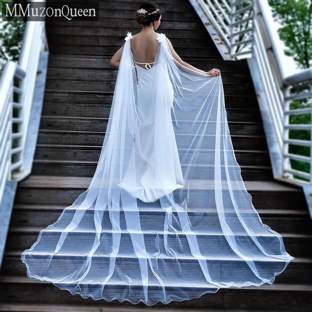 MMQ MG11 Elegant Long Wedding Shawl 3D Flower Sparkling Rhinestone Edge Bridal Capes Tulle Veil Accessories DIY Customized