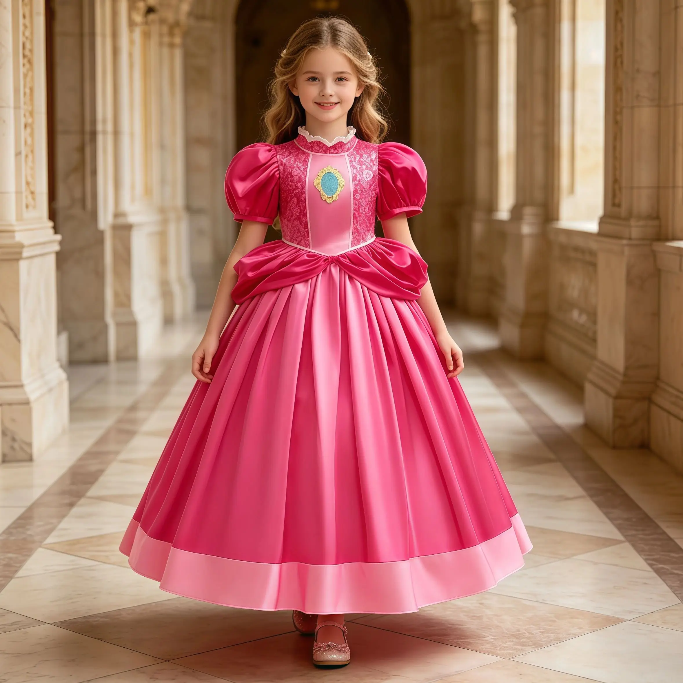Puff Sleeve Peach Dress Girls Halloween Cosplay Costume Children Stage Performance Clothes Kids Birthday Carnival Party Outfits