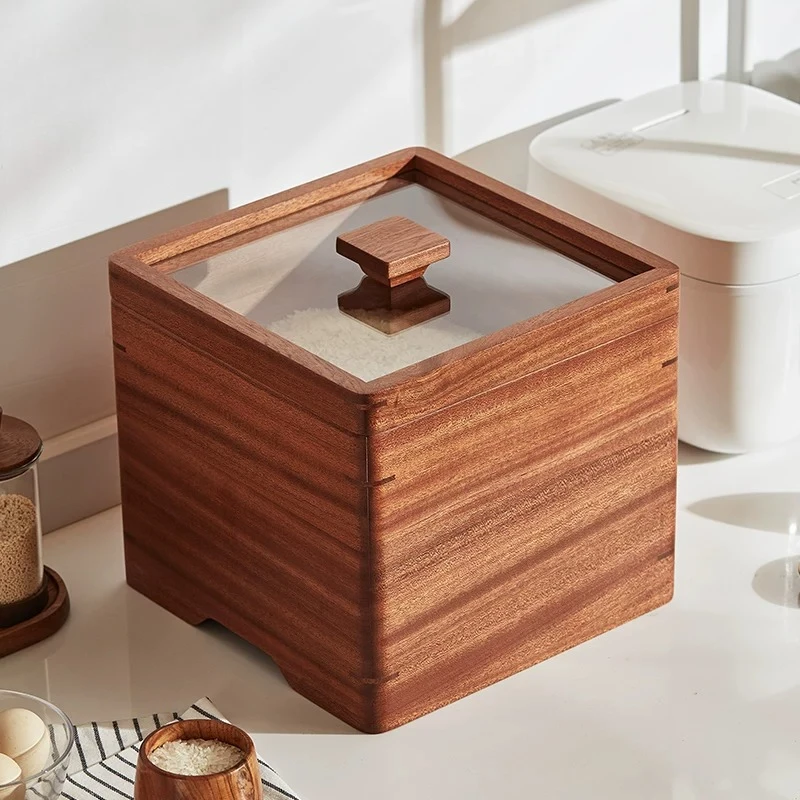 Large Wooden Rice Storage Container with Lid Airtight Sealed Grain Box Pest-Proof Damp-Proof Dry Food Dispenser Black sandalwood