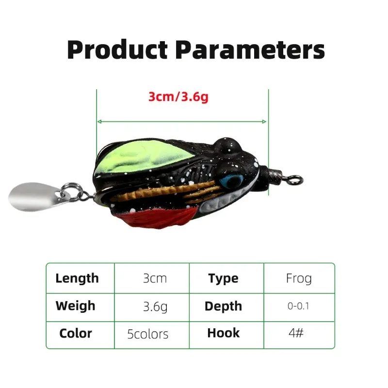 

3cm/3.6g with Double Blood Hooks TopWater Ray Frog Artificial Bait Soft Frog Fishing Lure