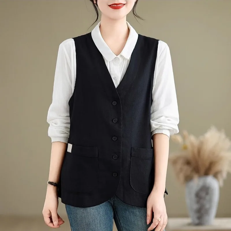 #5135 Black Beige Khaki Retro Cotton Linen Vest Coat Women V-neck Single Breasted Vintage Short Vest Waistcoat Thin Spring 2024