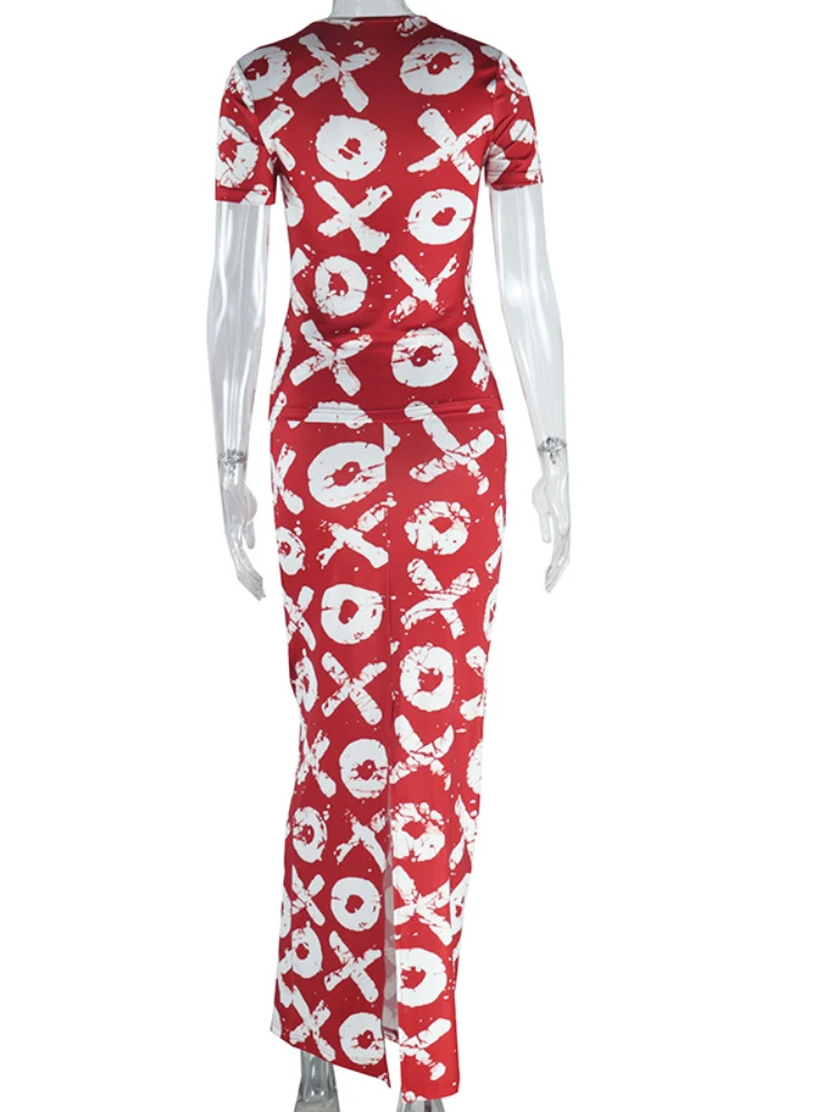 XIZOU Letter Printed Two Piece Skirt Sets Round Neck Short Sleeves Tops and Bodycon Long Skirt Streetwear Outfits Women Clothing