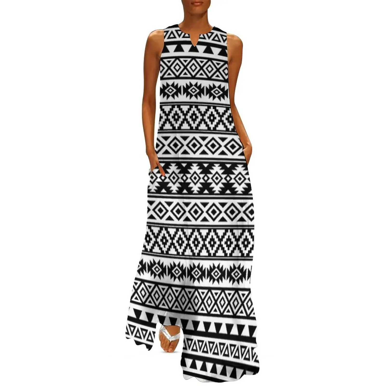 

Aztec Stylized Pattern Black & White Long Dress dresses ladies 2025 summer Summer dresses for women Dress for pregnant women
