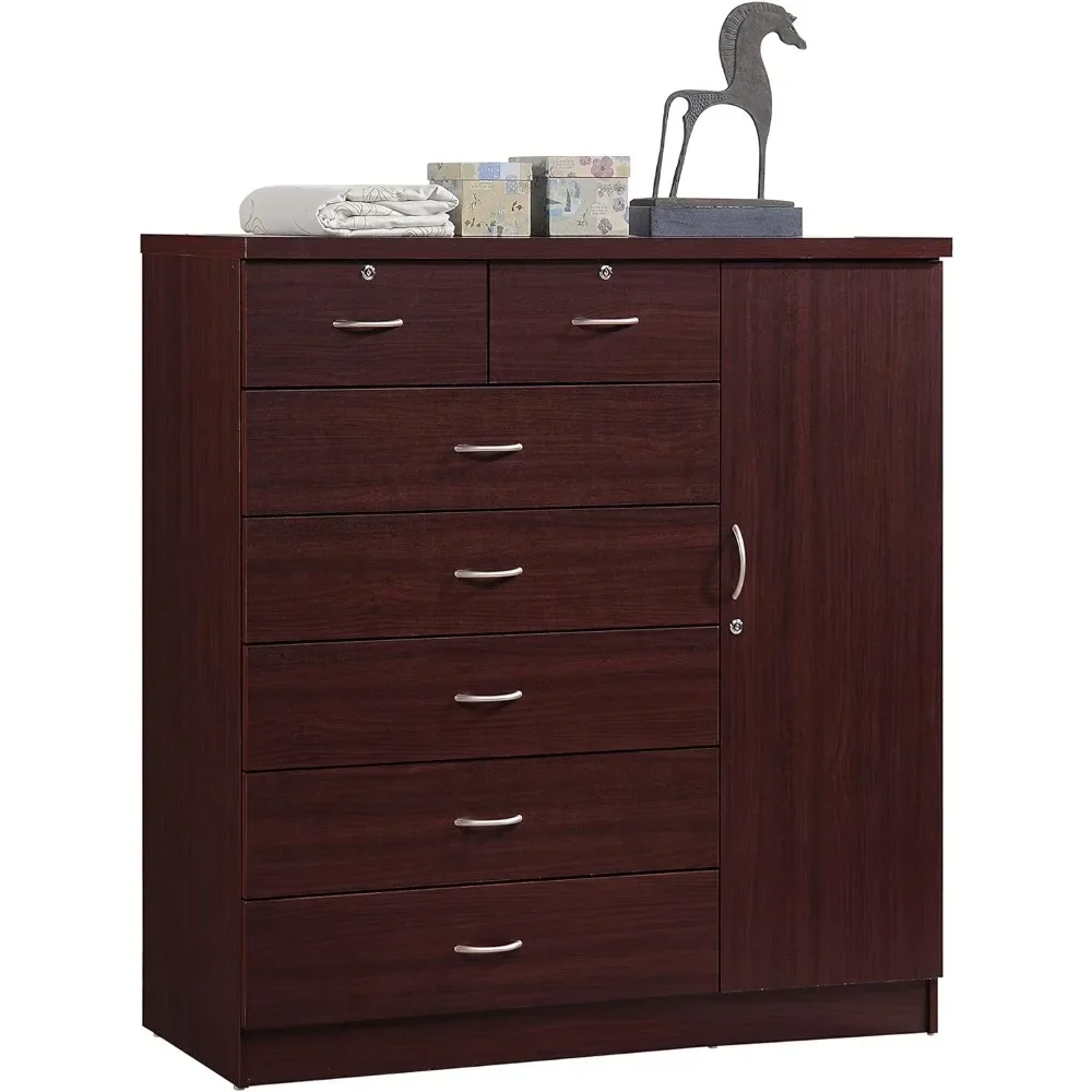 ##For 7 Drawer Jumbo Chest, Five Large & Two Smaller Drawers with Two Lock, Hanging Rod, and Three Shelves | Mahogany,&