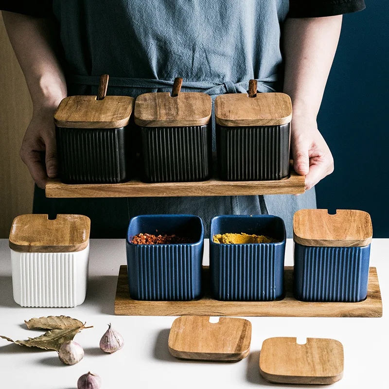 Heavy Ceramic Seasoning Jar Set Spice Container Flavors Canister Salt Pot (no tray, no spoon)