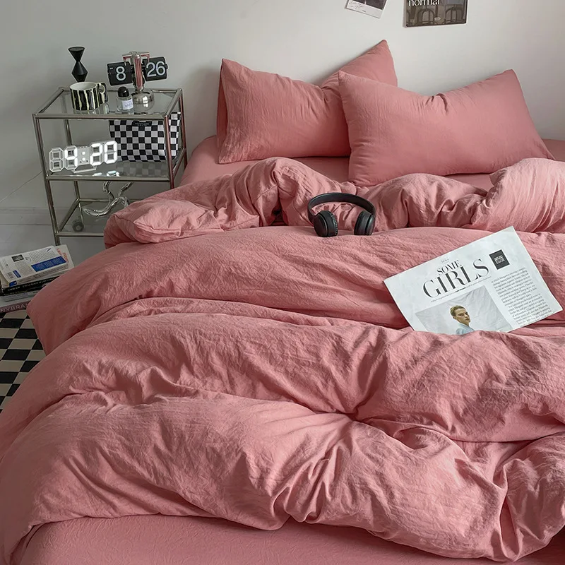 

Washed Cotton Solid Pink Bedding Set Baby Safe Skin Friendly Duvet Cover Bed Linens Sheets Queen Kings Comforter Warm Breathable