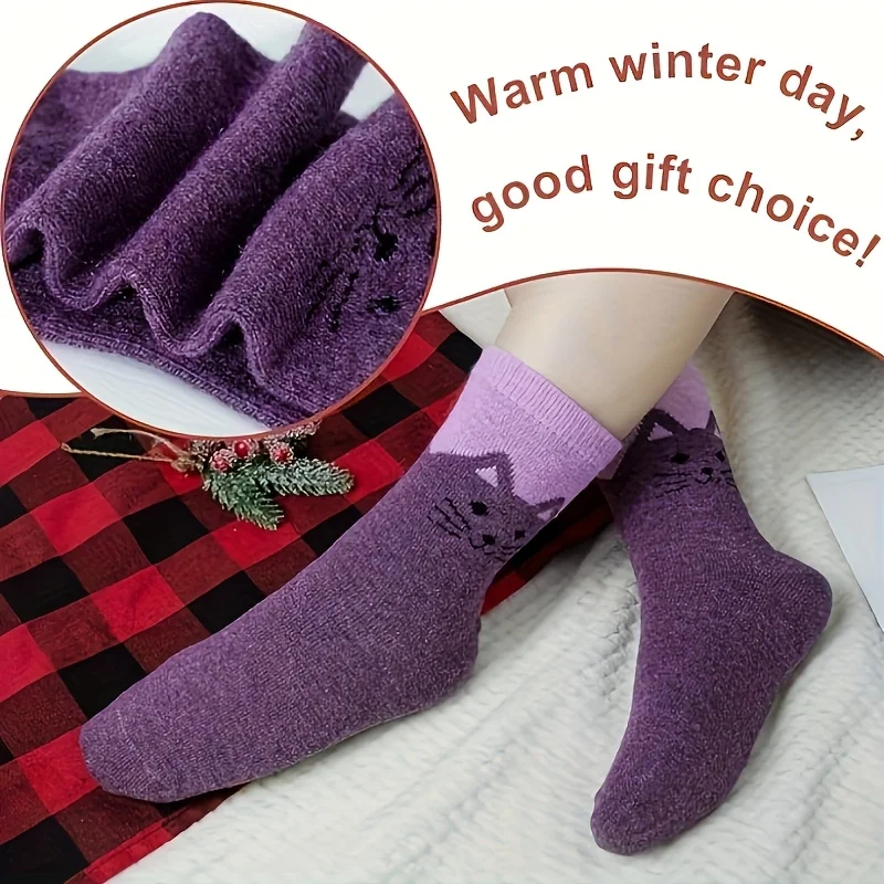 5 أزواج من الجوارب الشتوية المريحة ذات طابع قطط - مزيج ناعم ودافئ وسميك من الصوف، جوارب عيد الميلاد #4