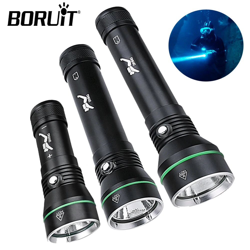 BORUiT Diving Flashlight IPX8 High Waterproof Professional Underwater Lamp Scuba Light 18650/26650 Battery With Hand Rope