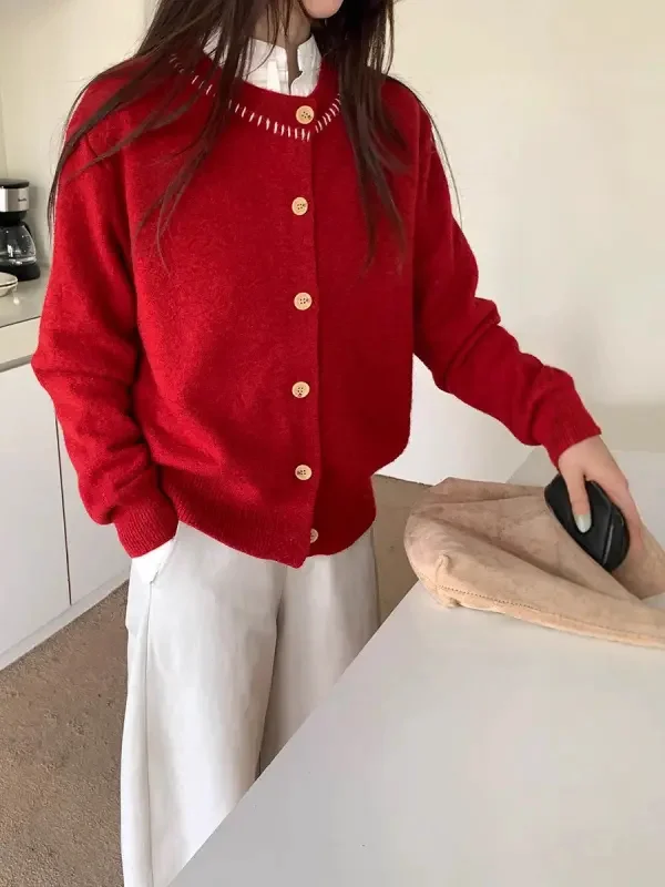 

Korean Sle Thiened Knitted Long Sve Women's Sweater Casual Chic Autumn Winter New Arrival V-Ne Button up ort Length