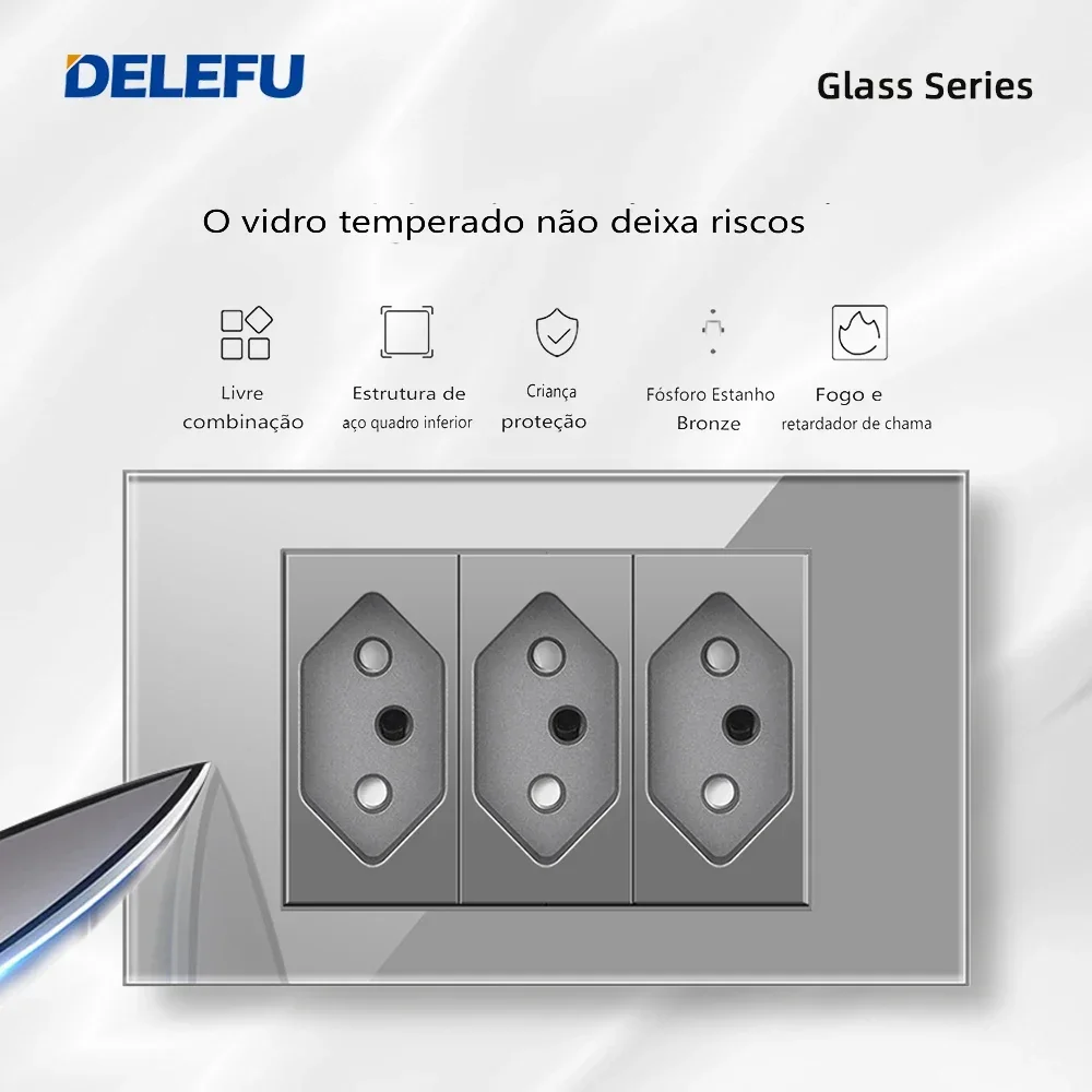 DELEFU Grey Tempered Glass Panel Tpye-c USB Brazil Standard Wall Socket Package, 3gang Wall Switch, More Discounts.