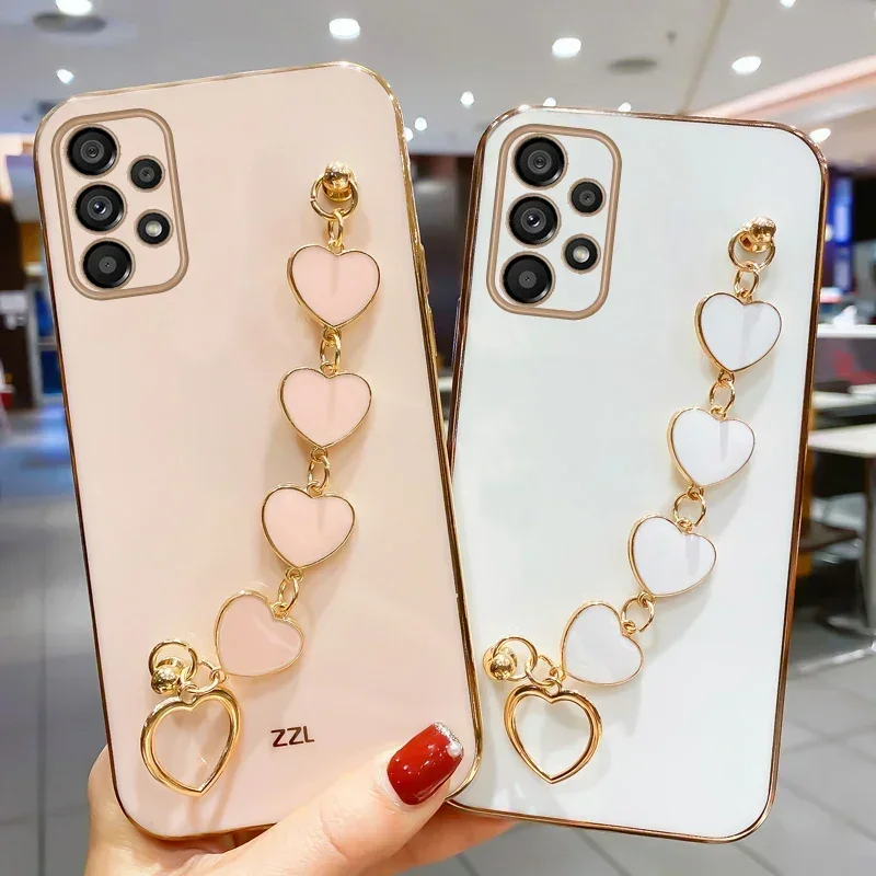 A15 A24 A52 A31 Fashion Plating Love Heart Bracelet Chain Case For Samsung Galaxy A14 A33 A53 A12 A22 A51 A20 Wrist Band Cover