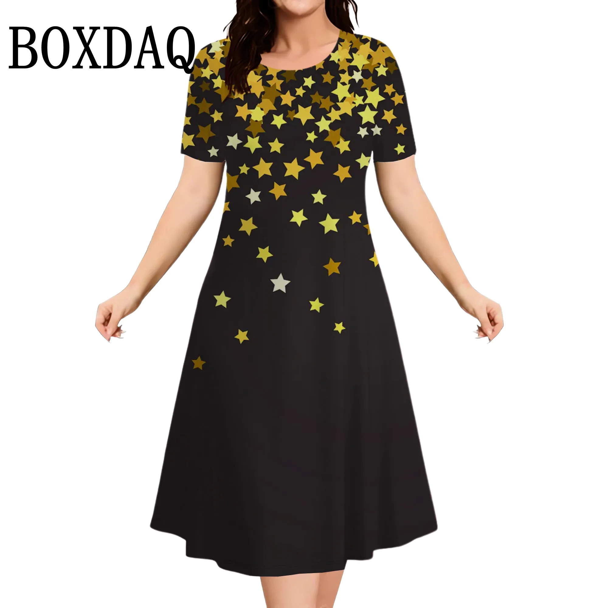

Новые летние платья 2025 года, модное женское мини-платье больших размеров с коротким рукавом, свободное повседневное вечернее платье трапециевидной формы со звездным принтом, одежда 9XL