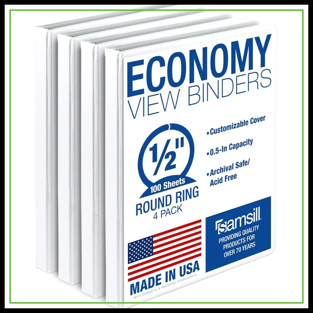 

0.5 Inch 3 Ring Binder, Economy Round Ring, Clear View Cover, 100 Sheet Capacity for School, Home, Office - White, 4 Pack