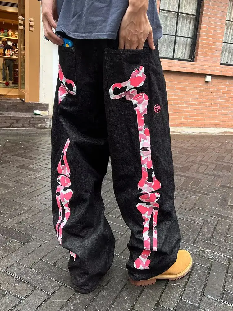 Men's Bone Print Jeans American Style Old Washed Wide Leg Retro Loose Fashion Trend Wide Leg Jeans Goth Pant Y2K Unisex