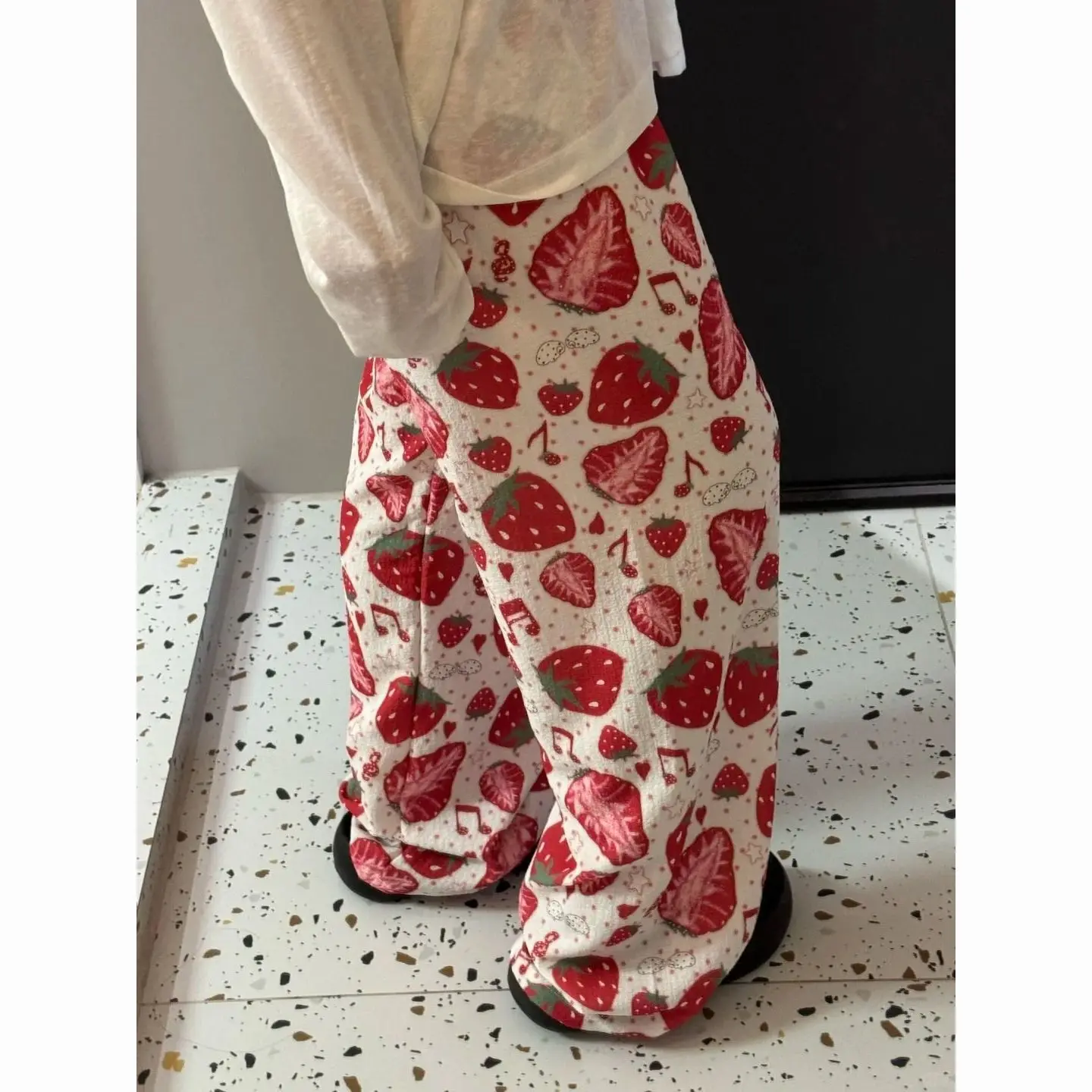 Strawberry Print Casual Sleep Pants New Spring and Summer Loose Casual Pants Wide-Leg Home Pants 2026 Long Thin Outside Pant