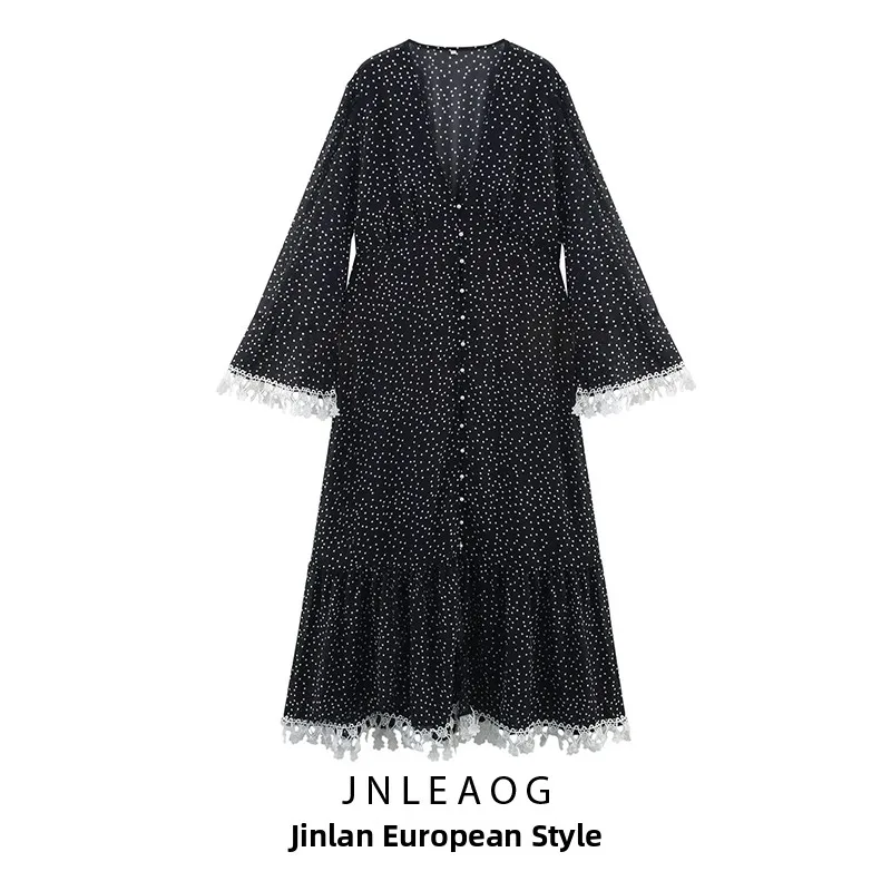 エレガントな水玉模様の花柄縁取りシングルボタンワンピース 秋の新作プラスサイズ婦人服 ストレートチューブスカート Vネック長袖