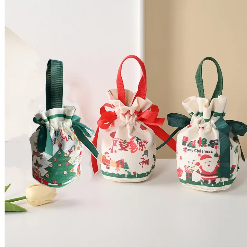 50pcs Christmas Eve Canvas Gift Drawstring Bag Santa Claus Christmas Tree Pattern Apple Gift Decorative Bag Happy