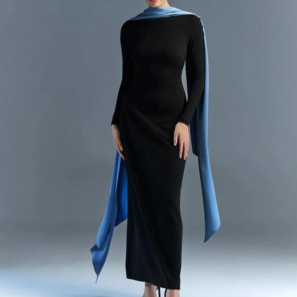 

Classic Black Jersey Sheath Crew neck Evening Dresses Ankle Length Long Sleeves Formal Pleats Zipper Back Vestido De Festa 2024