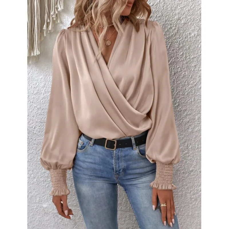 

New Women's Casual Simple Cross Pleated V Neck Shirt Spring Autumn Solid Retro Lantern Long Sleeved Office Commute Female Blouse