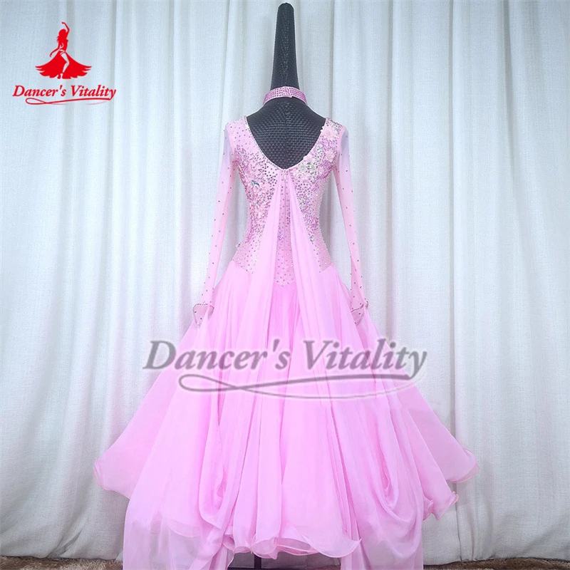 여성 왈츠 AB 스톤 긴 소매 래핑 된 어깨 빅 스윙 드레스 성인 사회 댄스 연습 및 경쟁 의류 사용자 정의