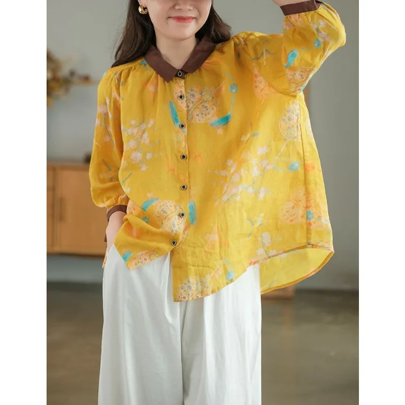 

Women's Linen Floral Print Shirt Summer Color Block Collar 3/4 Sleeve Loose Blouse