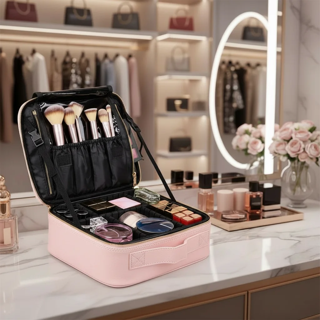 Pink PU Leather Makeup Bag Portable Travel Cosmetic Organizer for Women with Large Capacity