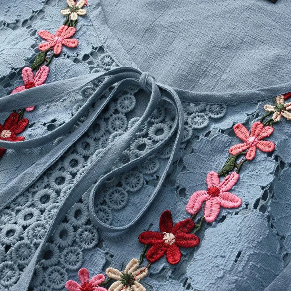 2024 Women\'s Lace Crochet Blouse Elegant Embroidery Tops Hollow Lace Up Shirts Cotton Linen Plus Size Blouse Blusas Chemise