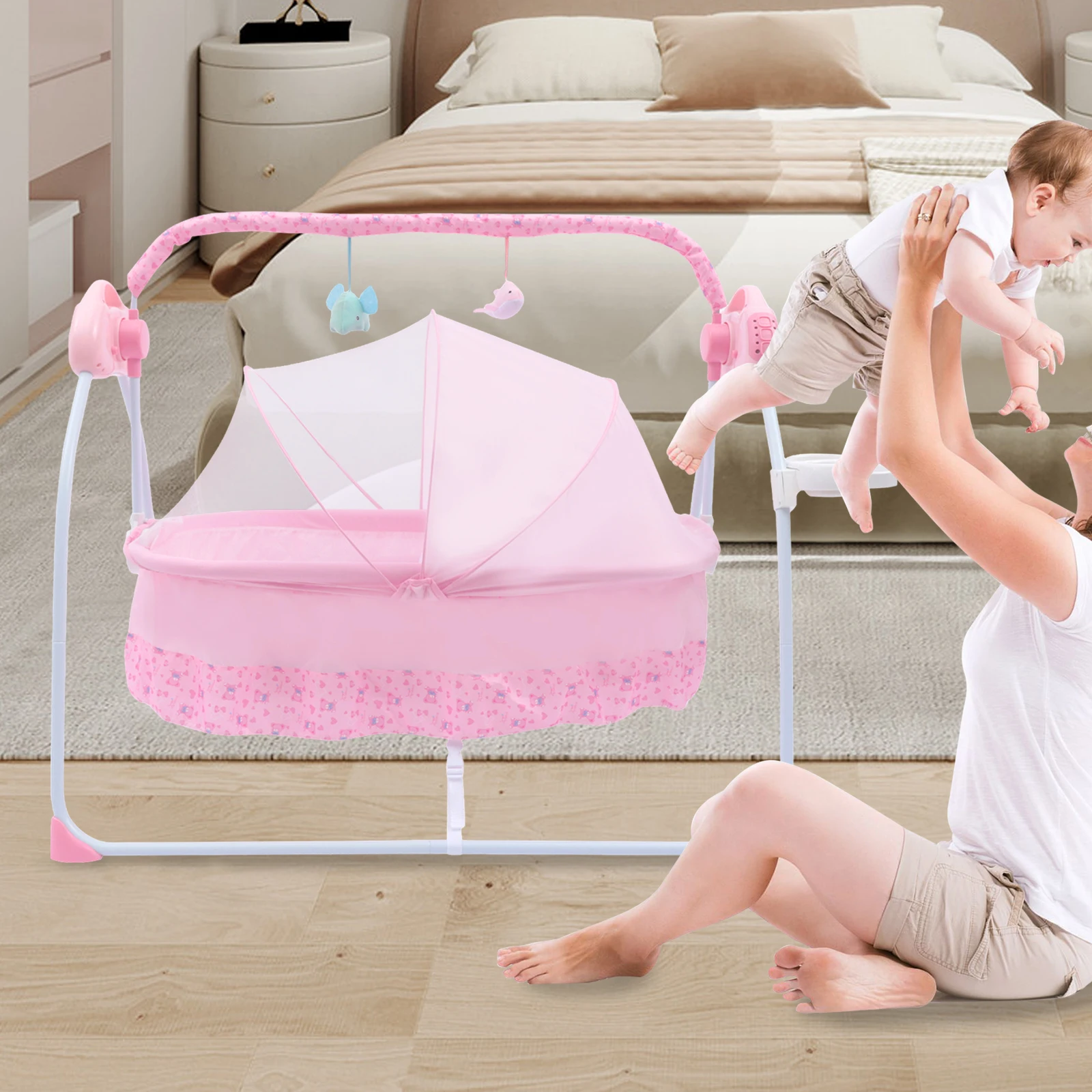 Portable Electric Baby Swing Cradle with Adjustable Amplitude (5 Gears), Remote Control, Foldable Design, Mosquito Net, and