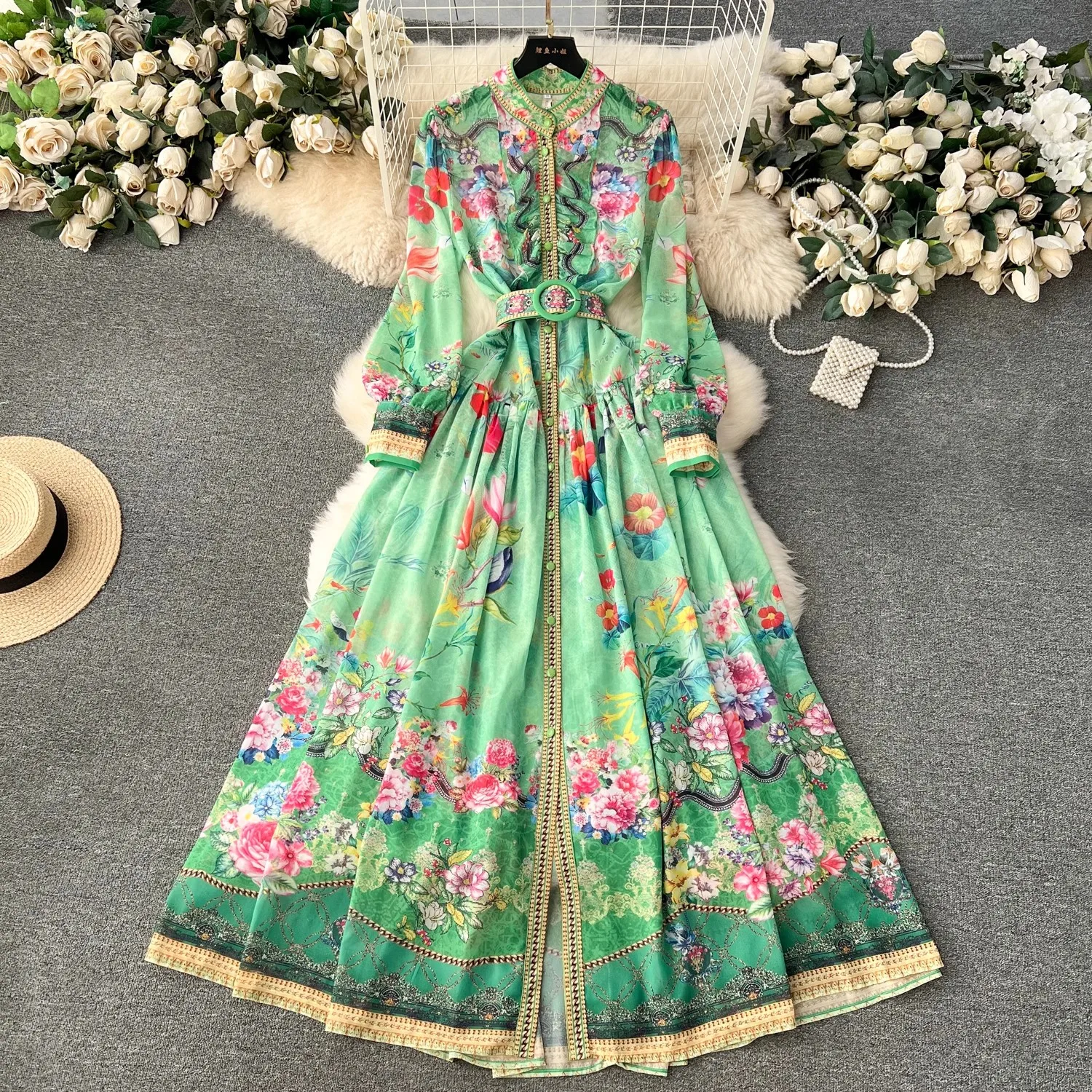 Fashion Bohemain Flower Maxi Dress Women\'s Ruffles Stand Long Lantern Sleeve Single Breasted Floral Print Belt Boho Robe Vestido