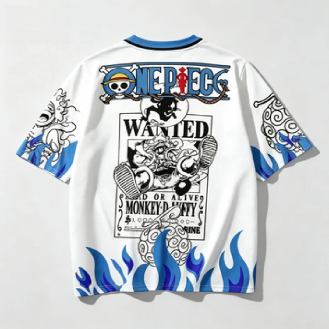 Pirate King Luffy V-neck Breathable Mesh Eyeliner Multi Shape Illustration Luffy Wanted Poster Flame Print Sports Loose Jersey