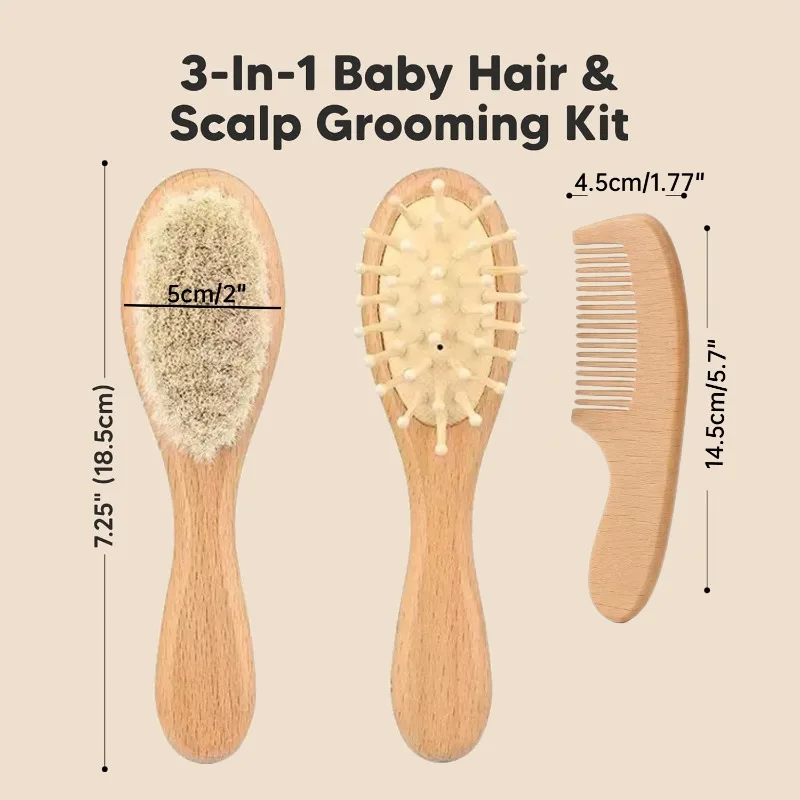 

3pcs Baby Hair Brush Set Soft Goat Bristle Wooden Baby Brush and Comb Set Newborn Grooming Kit，Infant Essentials Care Kit Brush