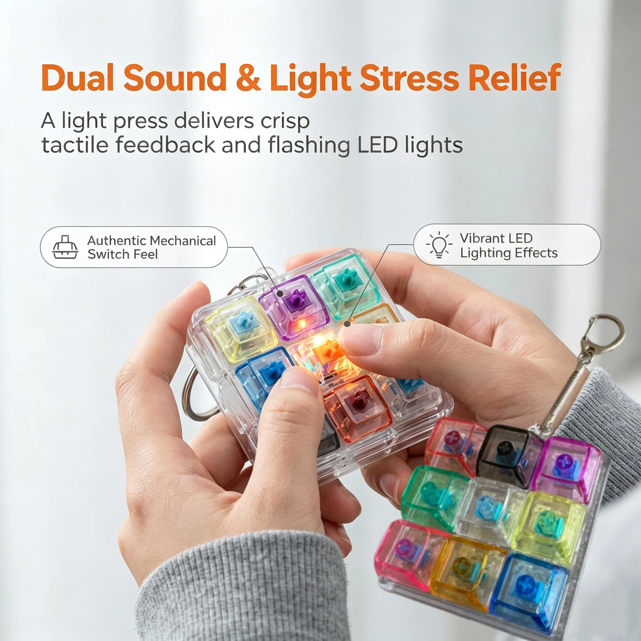 Fidget Toys LED Glowing Keyboard Keychain Clickable Buttons Portable Stress Relief Anti Anxiety Desktop Decor Adults Unique Gift