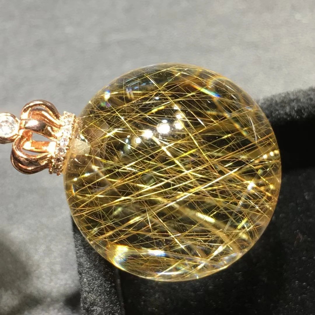 Natural Gold Rutilated Quartz Rectangle Pendant Necklace Jewelry 25mm Big Sphere Yellow Rutilated Women Men AAAAAAA