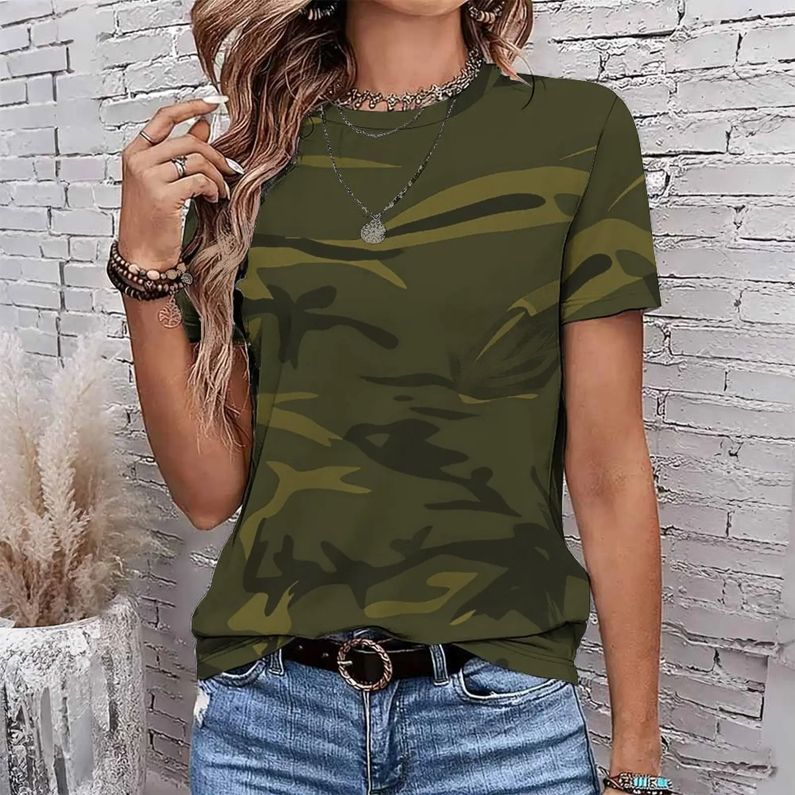 Daily round-neck fashion casual top printed tee Spring summer women's retro elegant T-shirt slim clothes