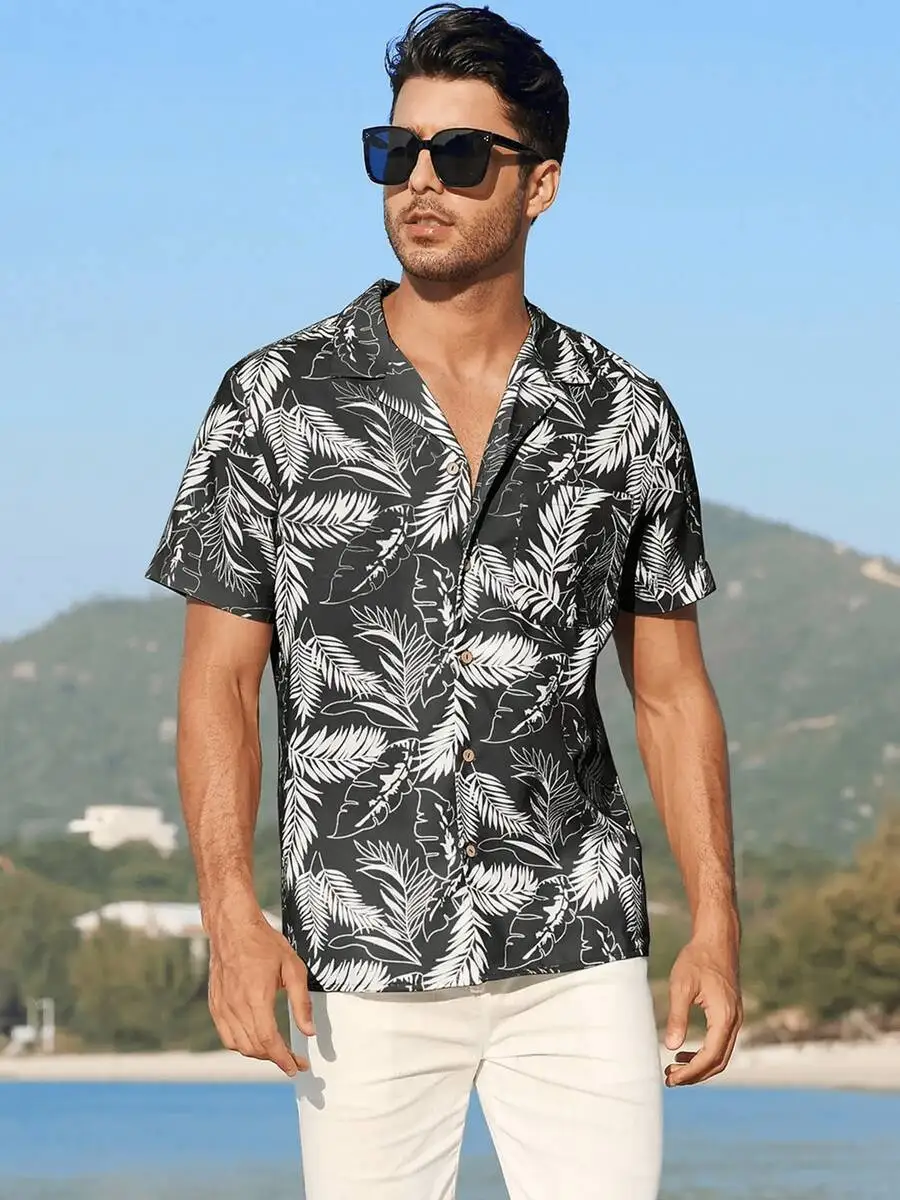 

Mens Tropical Palm Leaf Print Hawaiian Shirt Casual Short Sleeve Button Down Camp Collar