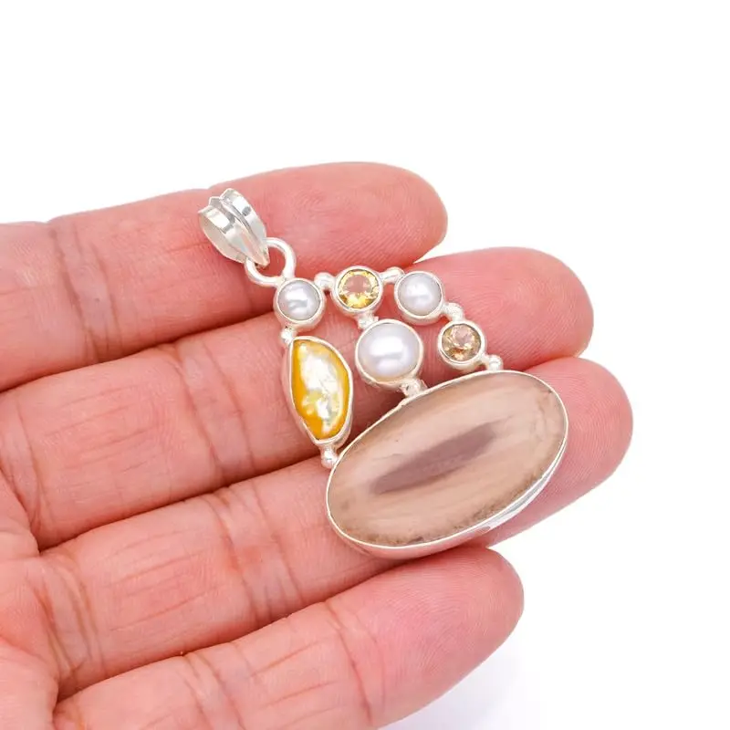 StarGems Natural Royal Imperial Jasper&Biwa Pearl, River Pearl And Citrine Handmade 925 Sterling Silver Pendant 2