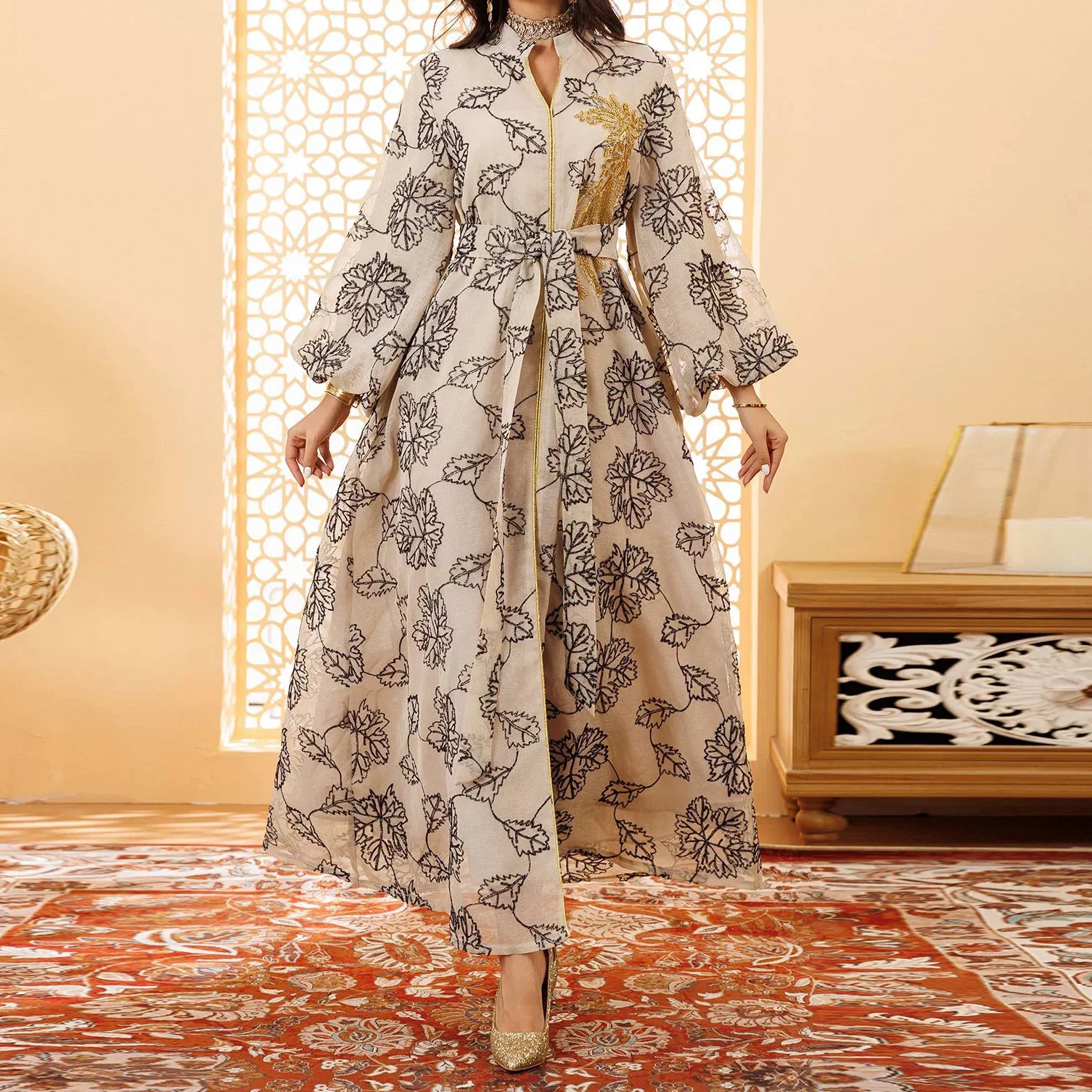 

Middle Eastern Muslim ethnic women's sequined flowered evening dress with long swing-GZXX527