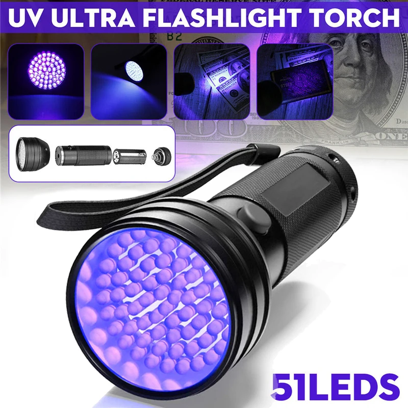 Lanterna uv 51led 9led luz uv 395-400nm bolso tocha jóias inspeção tocha ultravioleta mini lâmpada de luz com cuidado do animal de estimação prego