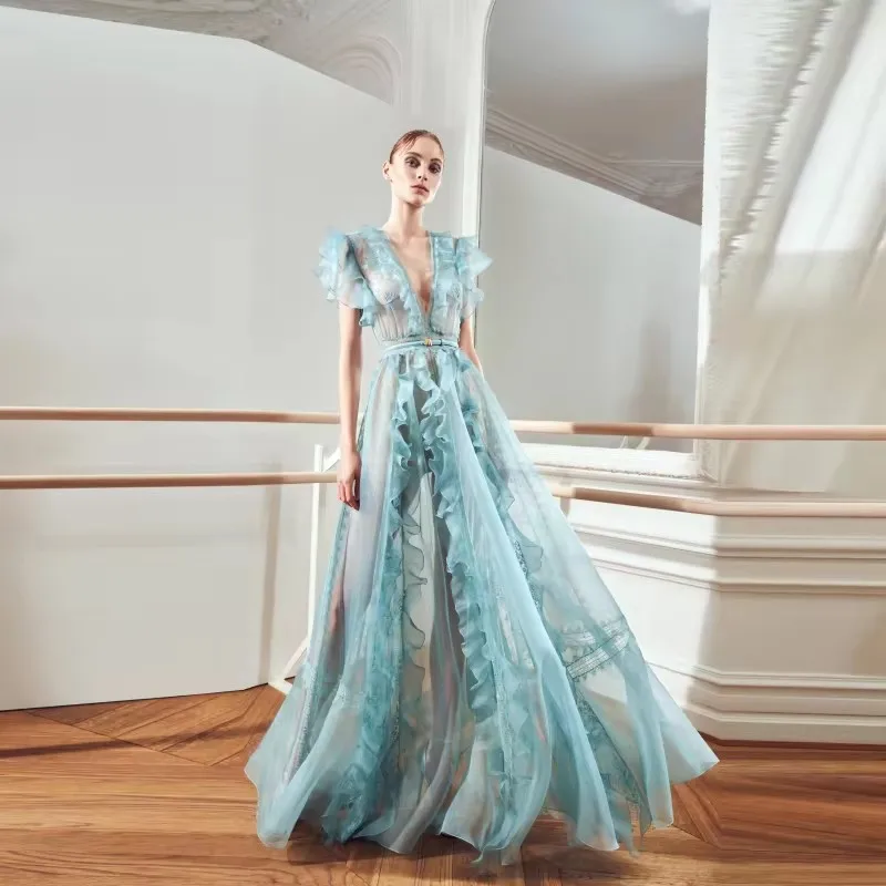 Elegant Ice Blue Tulle Maxi Dresses Extra Puffy Ruffled Dress Women Long Tulle Prom Gowns Party Applique Transparent Prom Gown