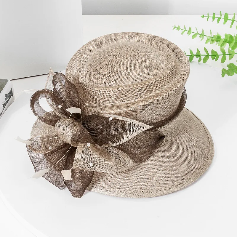 أنيقة المحكمة الكتان سيناماي قبعة الزفاف للنساء السيدات الكنيسة قبعة أنيقة زهرة واسعة حافة فيدوراس كنتاكي ديربي قبعة حفلات