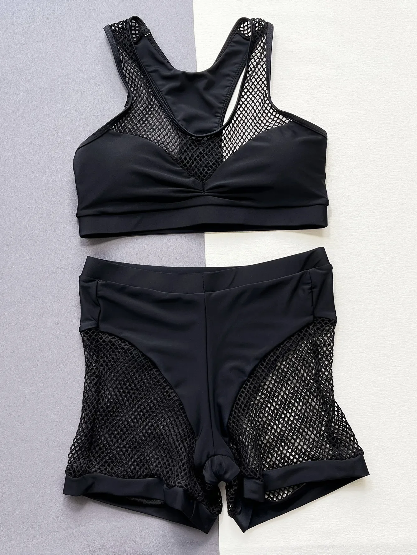 

Sexy Push Up Black Lattice Bikinis Sets Two Pieces Perspective Cropped Vest with Bottoms Swimwear Women Biquini Bathing Suits