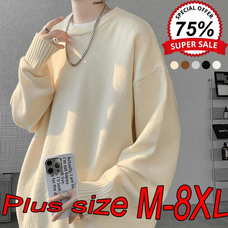 M-8XL Men's Warm Sweater Autumn Winter Round Neck Plus Velvet Knitted Bottoming Shirt Oversized Solid Color Black Pullover Men